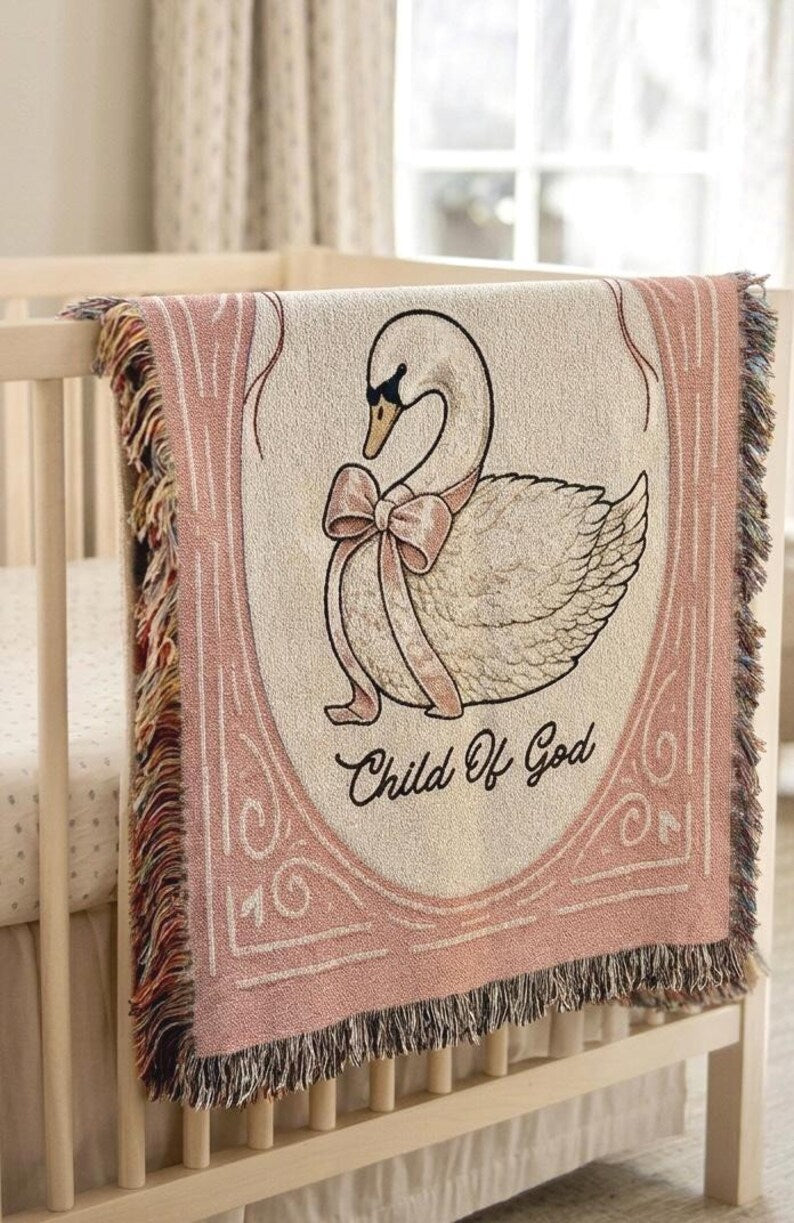 Christian Swan Baby Woven Blanket, Child of God Baptism Gift Vintage, Swan Nursery Decor, Baby Shower Newborn Keepsake Gift WBLAF06
