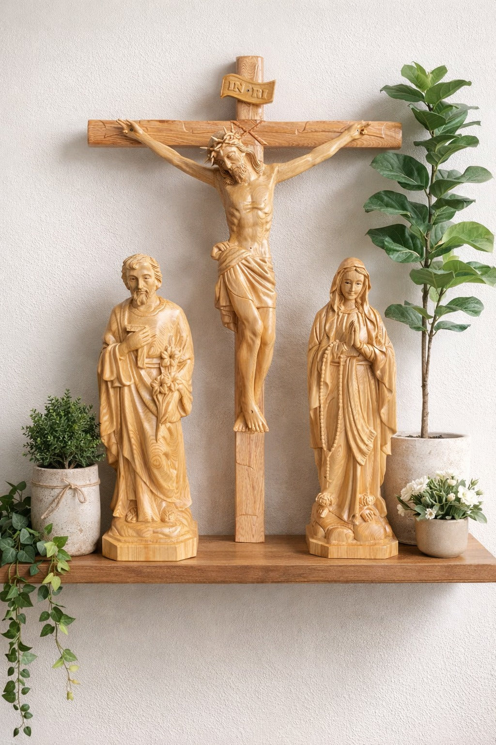 Wooden Catholic Statue Set, Crucifix Jesus Cross with Virgin Mary and Saint Joseph, Handmade Christian Religious Home Altar Decor