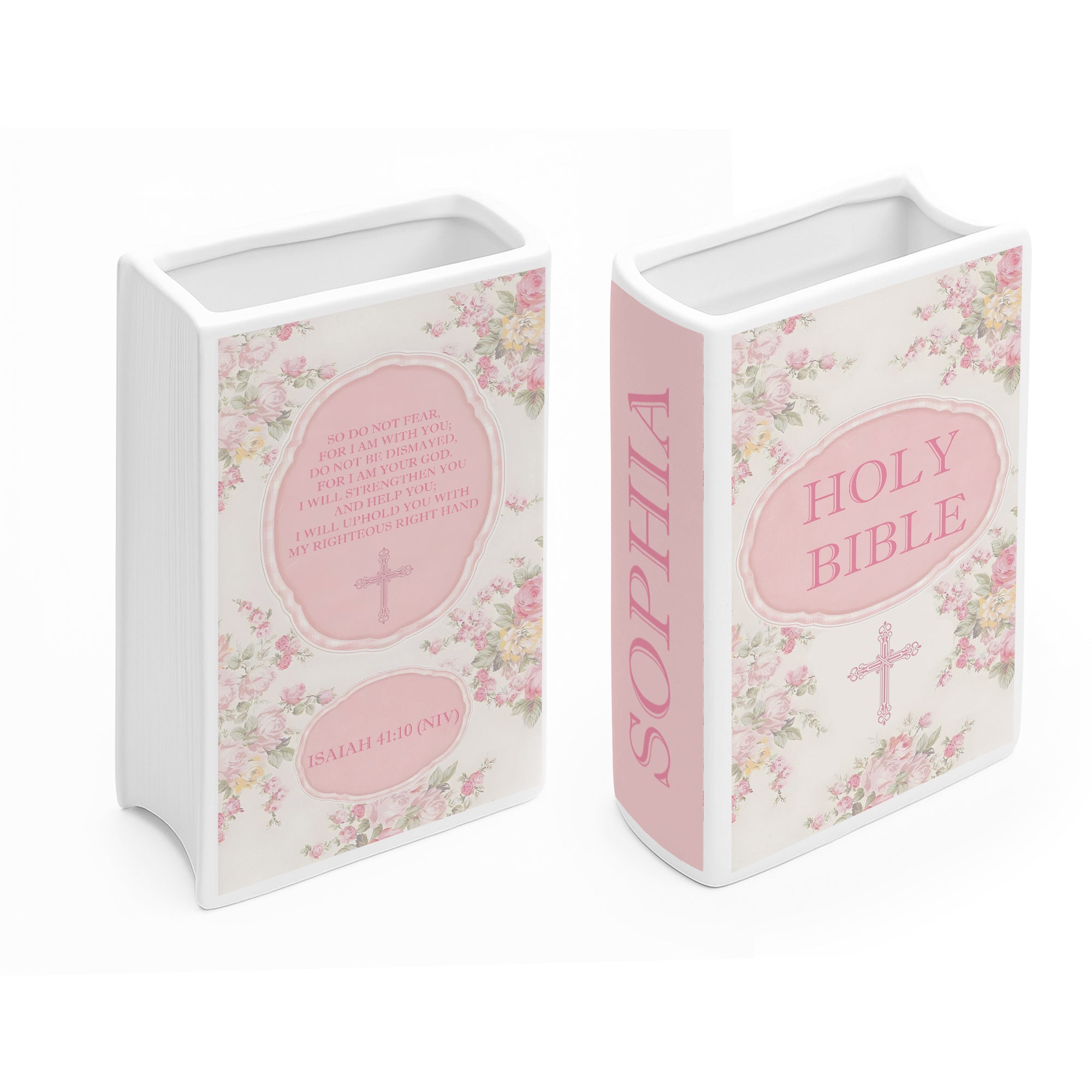 Personalized Christian Ceramic Book Vase, Holy Bible Design with Cross and Flowers, Baptism or Easter Gift CBLAF06