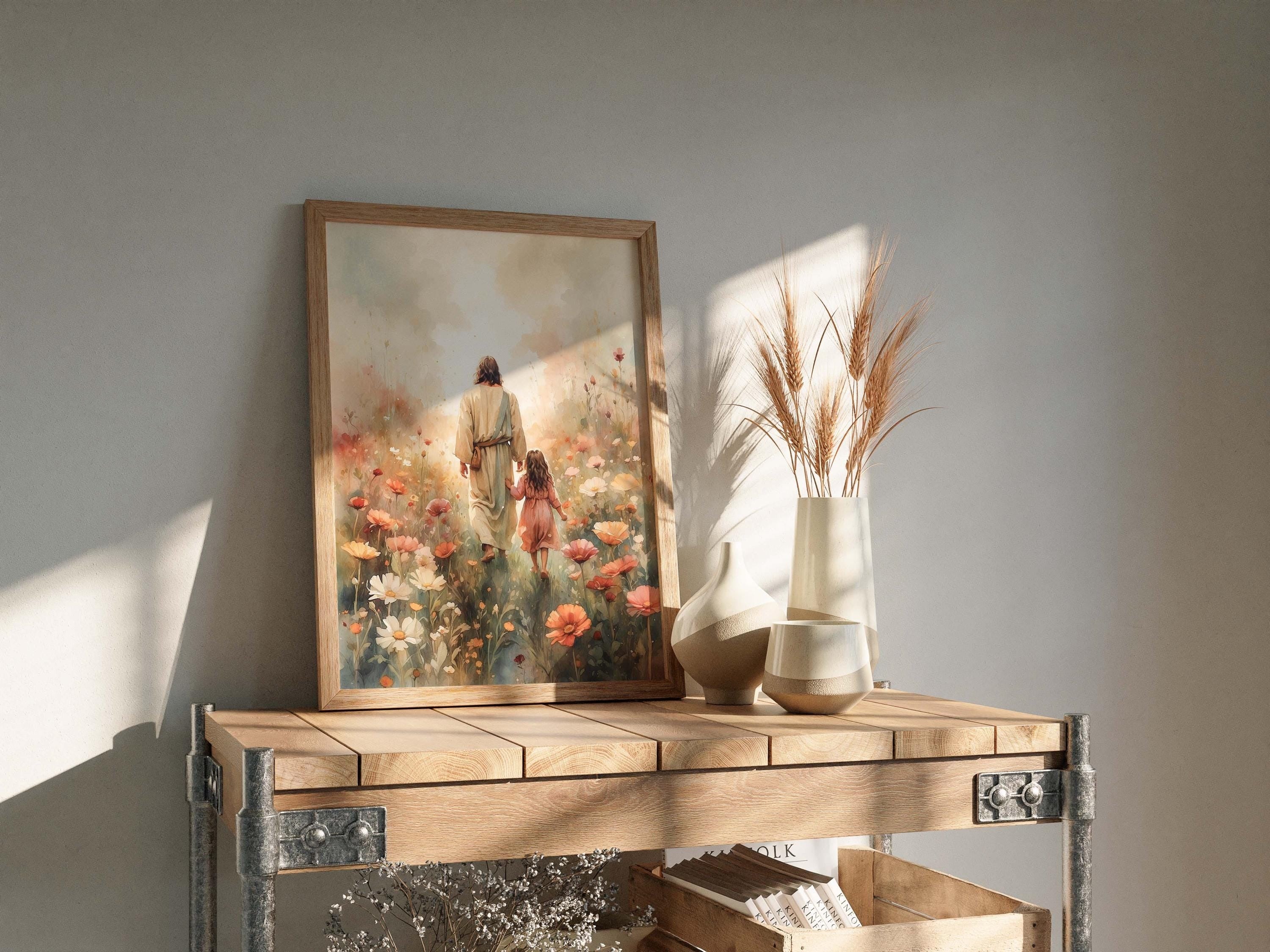 Jesus Walking with Little Girl Poster, Come Follow Me Christian Wall Art, Jesus Flower Field Watercolor Painting, Religious Home Decor, Christian Gift