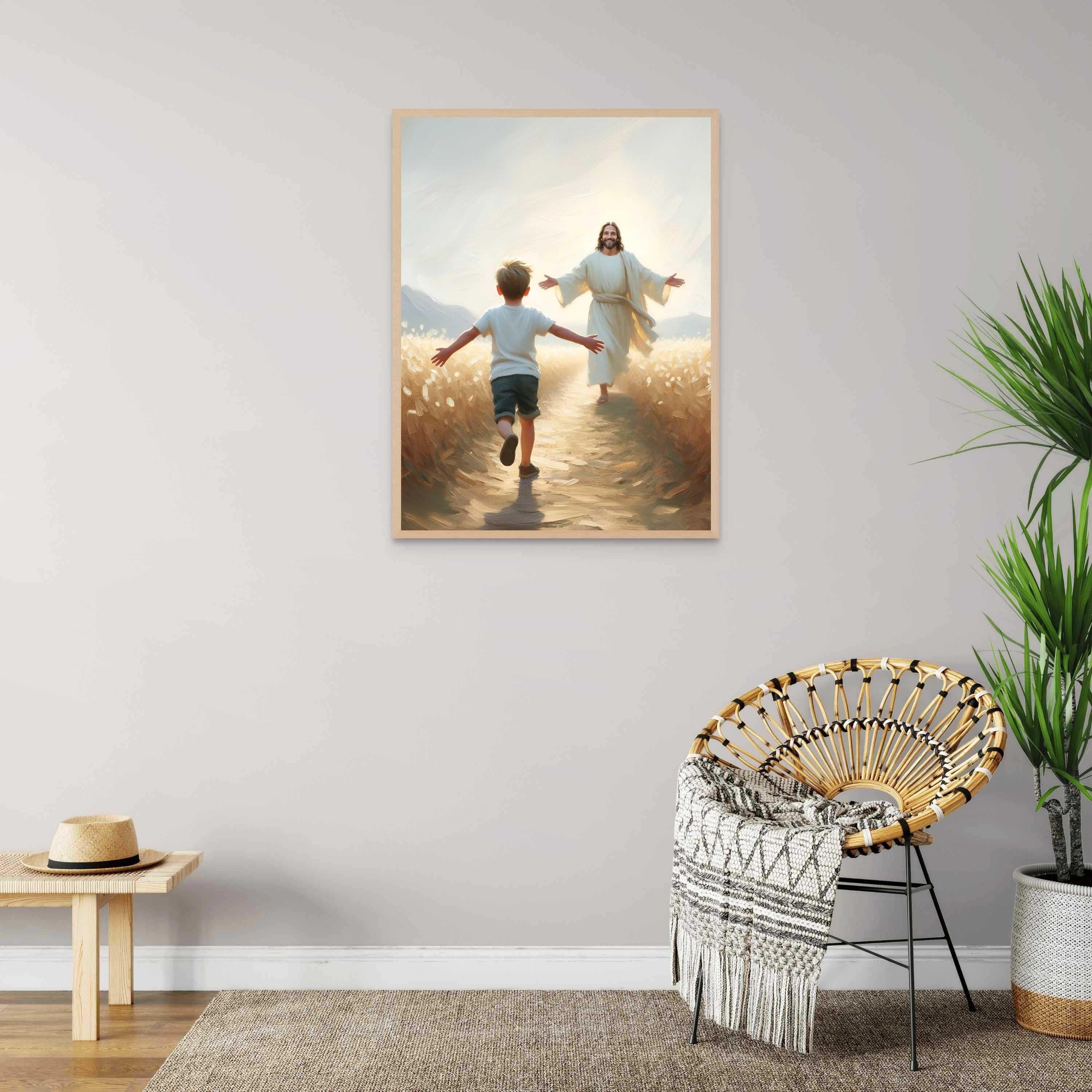 Embracing Faith Poster, Jesus and Boy Poster, Christian Art for Kids, Jesus with Children Art, Bible Art Poster