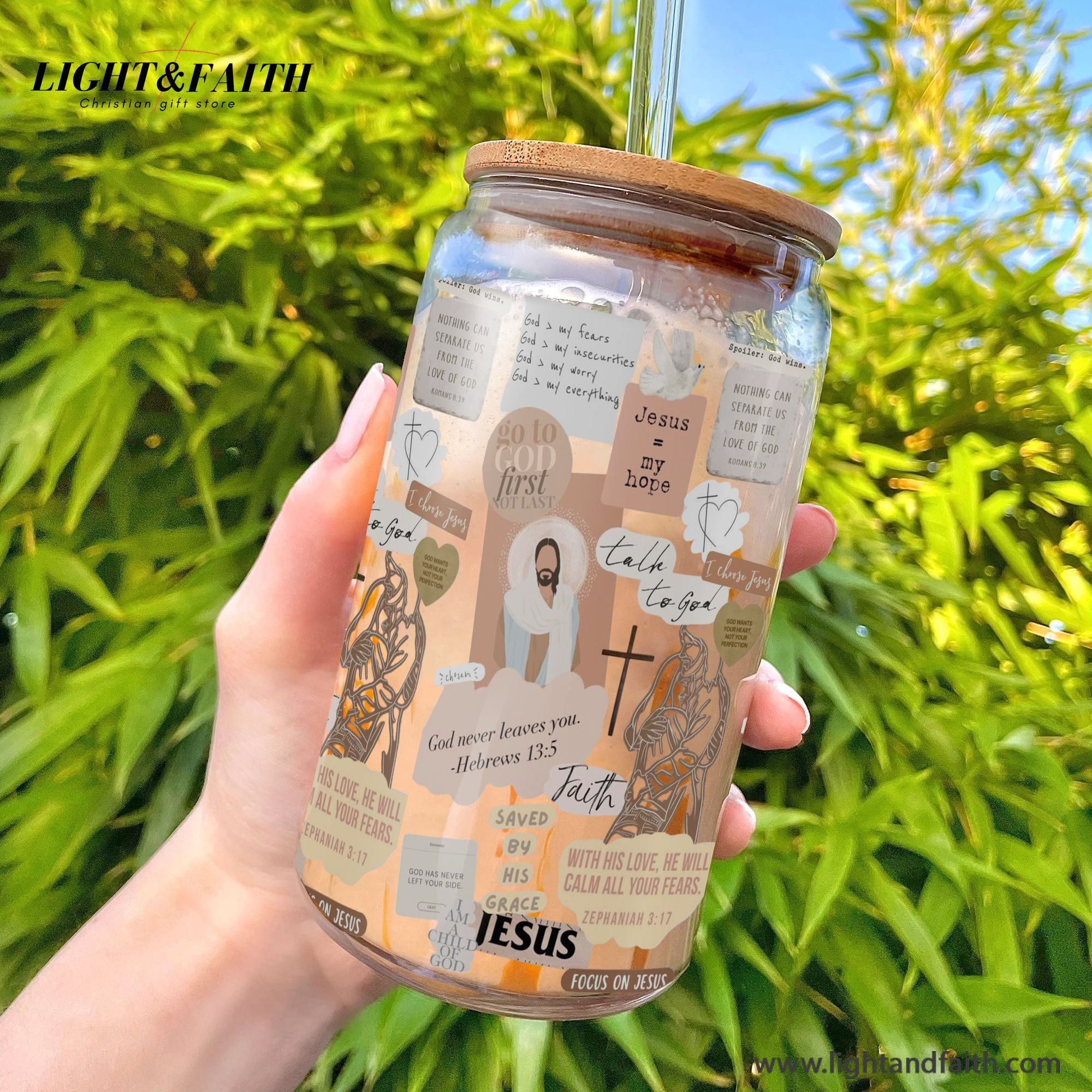 Christian Glass Can with Bamboo Lid and Straw, Jesus My Hope Bible Verse Cup, Scripture Faith Iced Coffee Tumbler Gift for Women GCLAF35