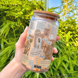 Christian Glass Can with Bamboo Lid and Straw, Jesus My Hope Bible Verse Cup, Scripture Faith Iced Coffee Tumbler Gift for Women GCLAF35