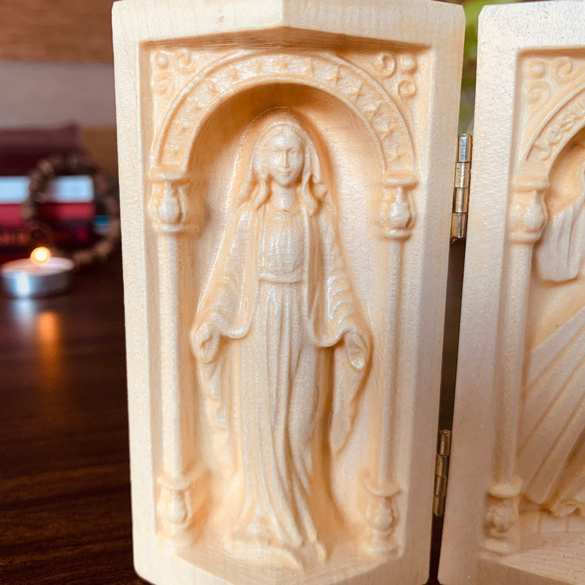 Catholic Home Altar Foldable Wooden Triptych with Holy Mother Mary, Sacred Heart of Jesus, and St. Joseph