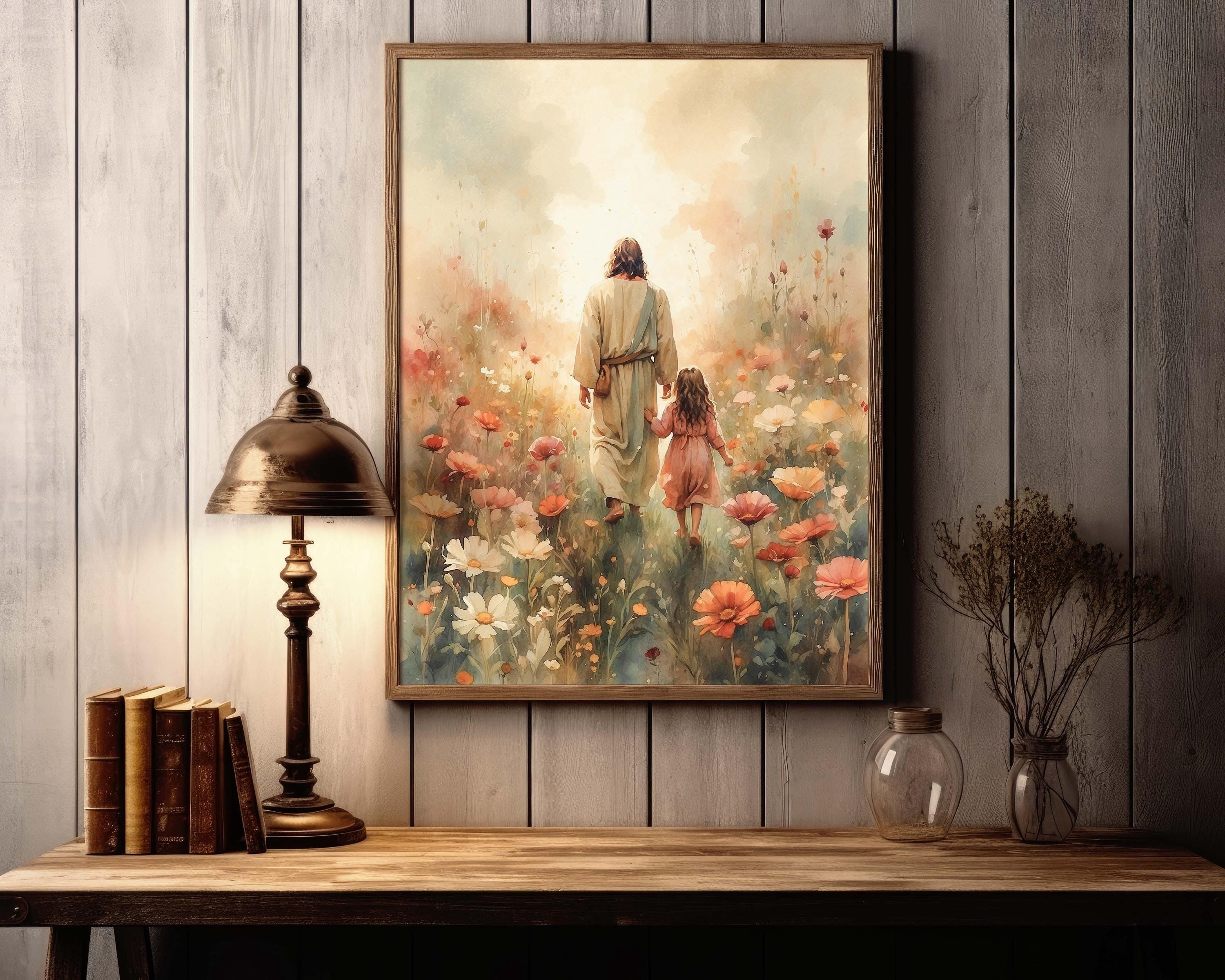Jesus Walking with Little Girl Poster, Come Follow Me Christian Wall Art, Jesus Flower Field Watercolor Painting, Religious Home Decor, Christian Gift
