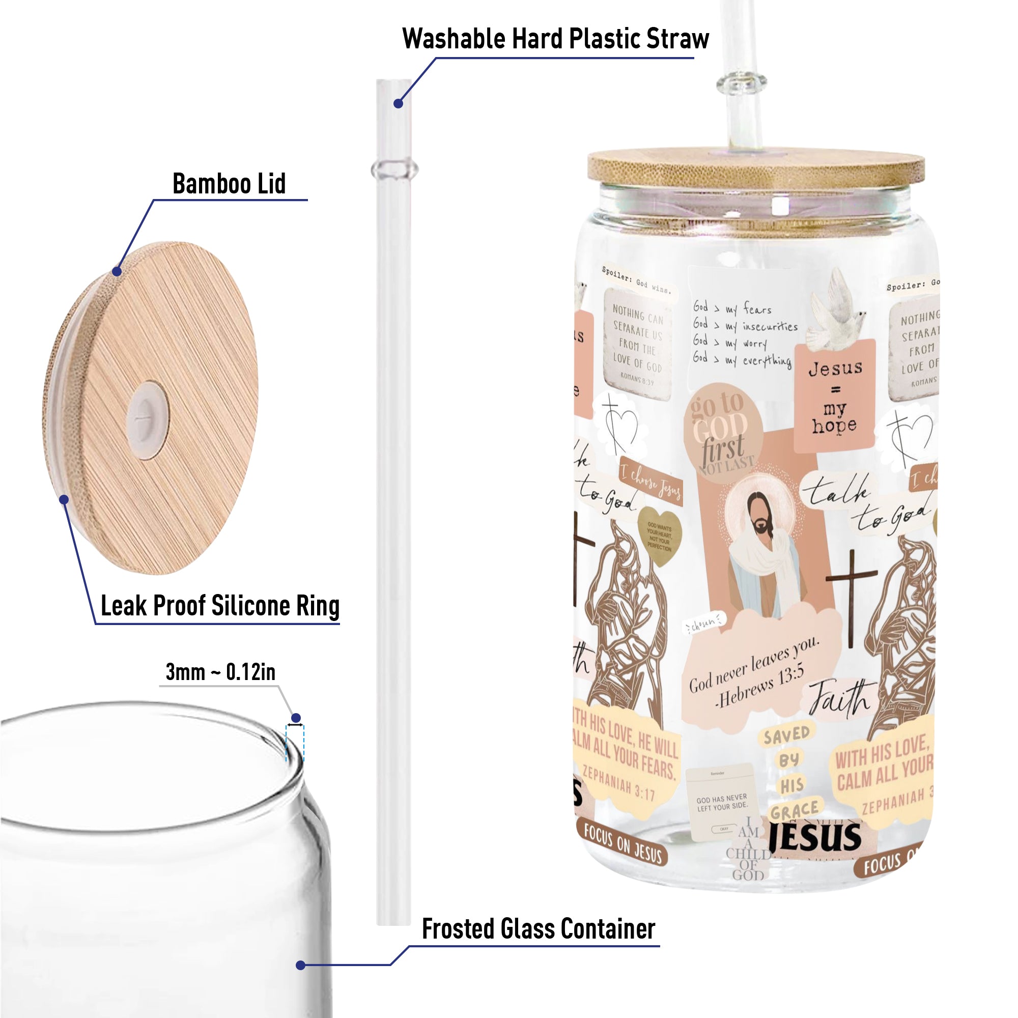 Christian Glass Can with Bamboo Lid and Straw, Jesus My Hope Bible Verse Cup, Scripture Faith Iced Coffee Tumbler Gift for Women GCLAF35