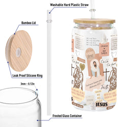Christian Glass Can with Bamboo Lid and Straw, Jesus My Hope Bible Verse Cup, Scripture Faith Iced Coffee Tumbler Gift for Women GCLAF35