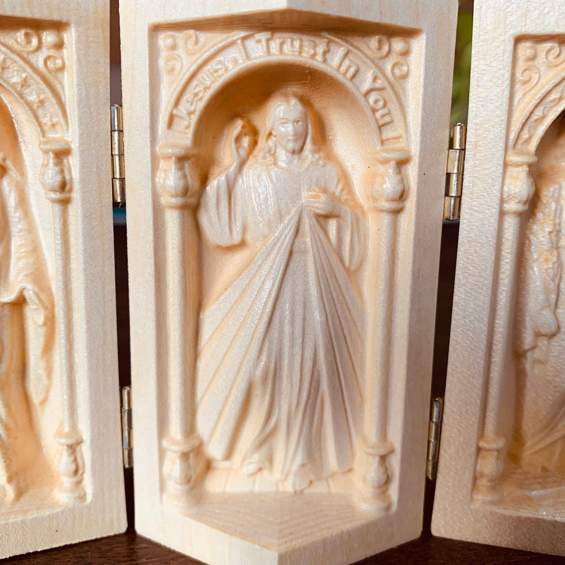 Catholic Home Altar Foldable Wooden Triptych with Holy Mother Mary, Sacred Heart of Jesus, and St. Joseph