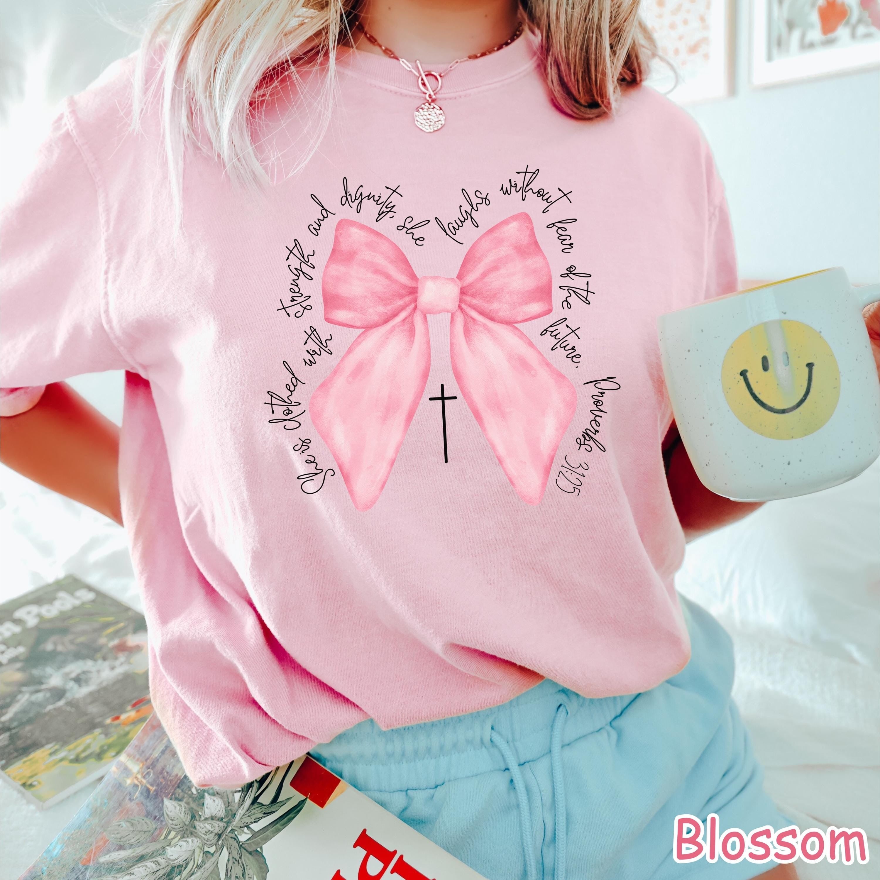 Comfort Colors® Coquette Christian Shirt Pink Bow Faith Shirt Bible Verse Shirt Womens Christian Gifts Religious Women Gift Jesus Apparel
