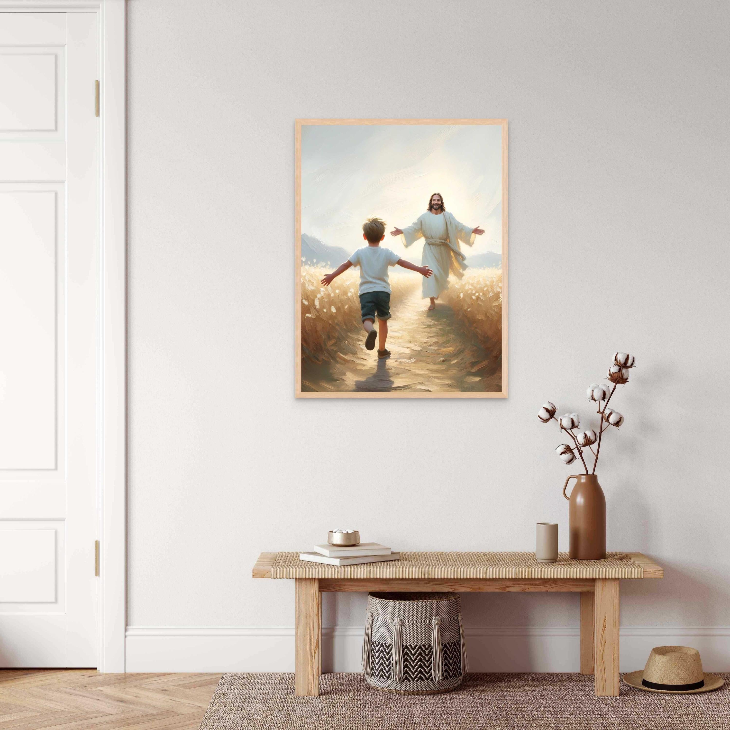 Embracing Faith Poster, Jesus and Boy Poster, Christian Art for Kids, Jesus with Children Art, Bible Art Poster