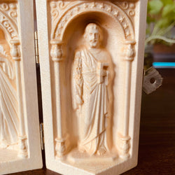 Catholic Home Altar Foldable Wooden Triptych with Holy Mother Mary, Sacred Heart of Jesus, and St. Joseph