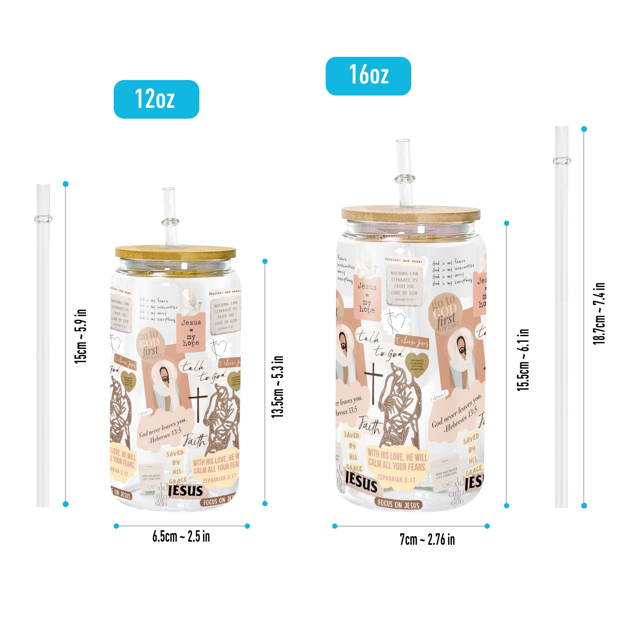 Christian Glass Can with Bamboo Lid and Straw, Jesus My Hope Bible Verse Cup, Scripture Faith Iced Coffee Tumbler Gift for Women GCLAF35