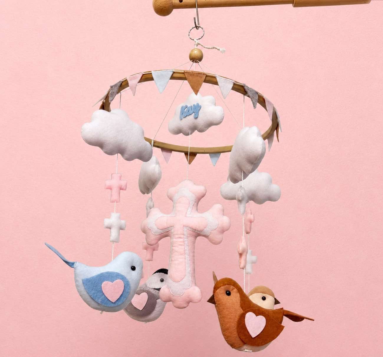 Personalized Cross And Bird Felt Baby Mobile, Handmade Christian Felt Crib Mobile, Christian Nursery Decor, Neutral Crib Mobile, Baby Baptism Gift FELTBMB18