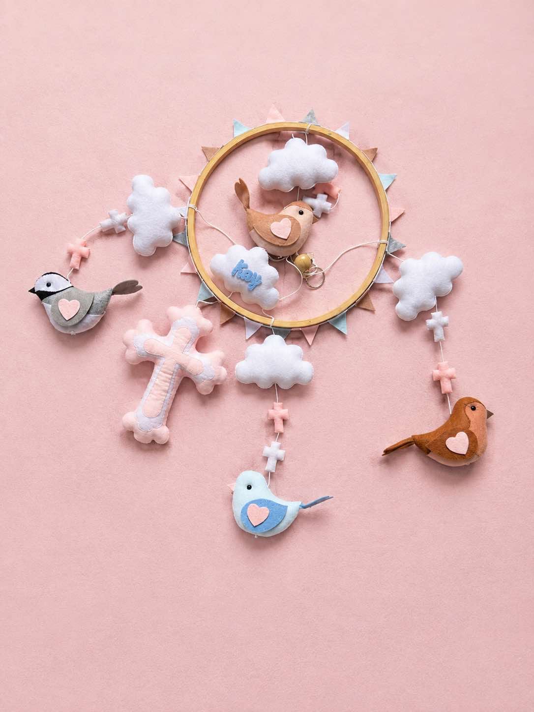 Personalized Cross And Bird Felt Baby Mobile, Handmade Christian Felt Crib Mobile, Christian Nursery Decor, Neutral Crib Mobile, Baby Baptism Gift FELTBMB18