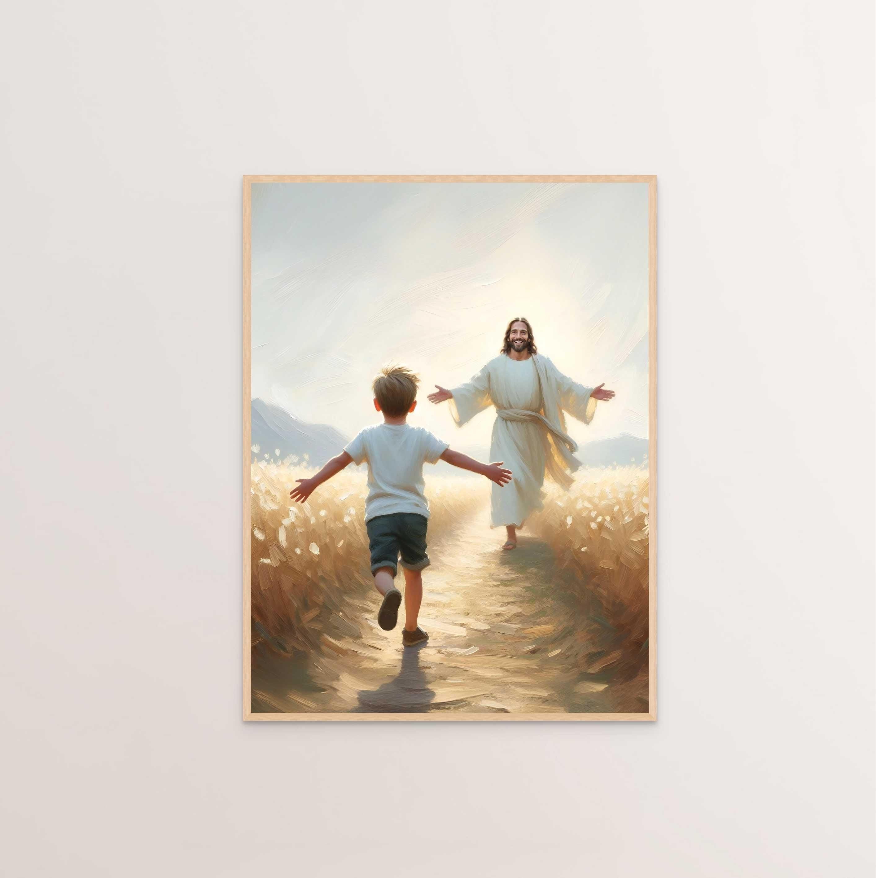 Embracing Faith Poster, Jesus and Boy Poster, Christian Art for Kids, Jesus with Children Art, Bible Art Poster