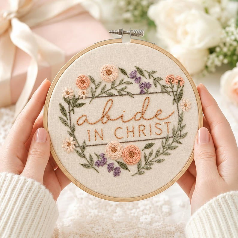 Abide in Christ Embroidery Hoop Art, Handmade Floral Christian Wall Decor, Bible Verse Faith Gift, Religious Needlework Hoop EH15