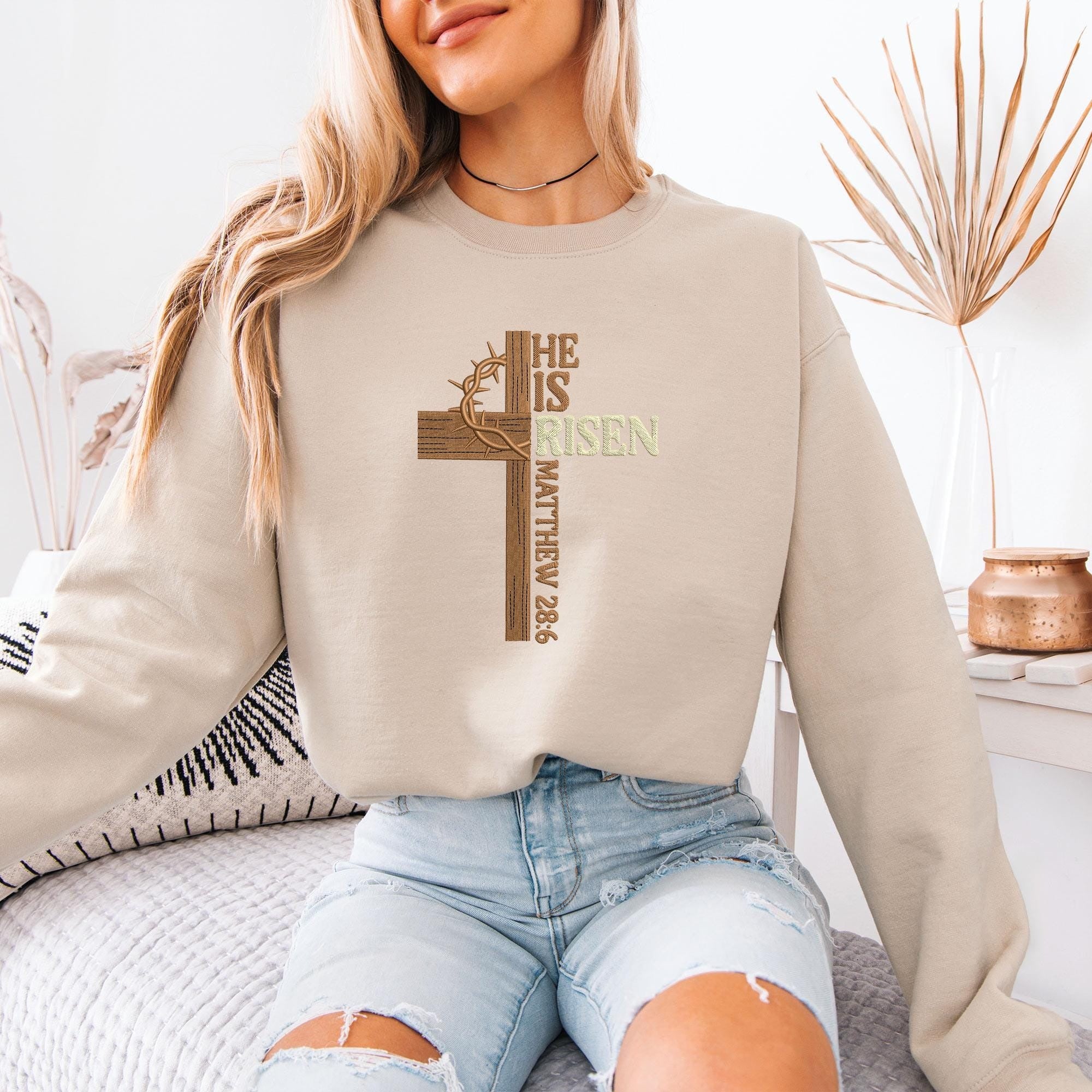 Embroidered 'He is Risen' Designs, Christian Easter Cross Embroidery File, Easter Embroidery, Christian Embroidery, Religious Embroidery