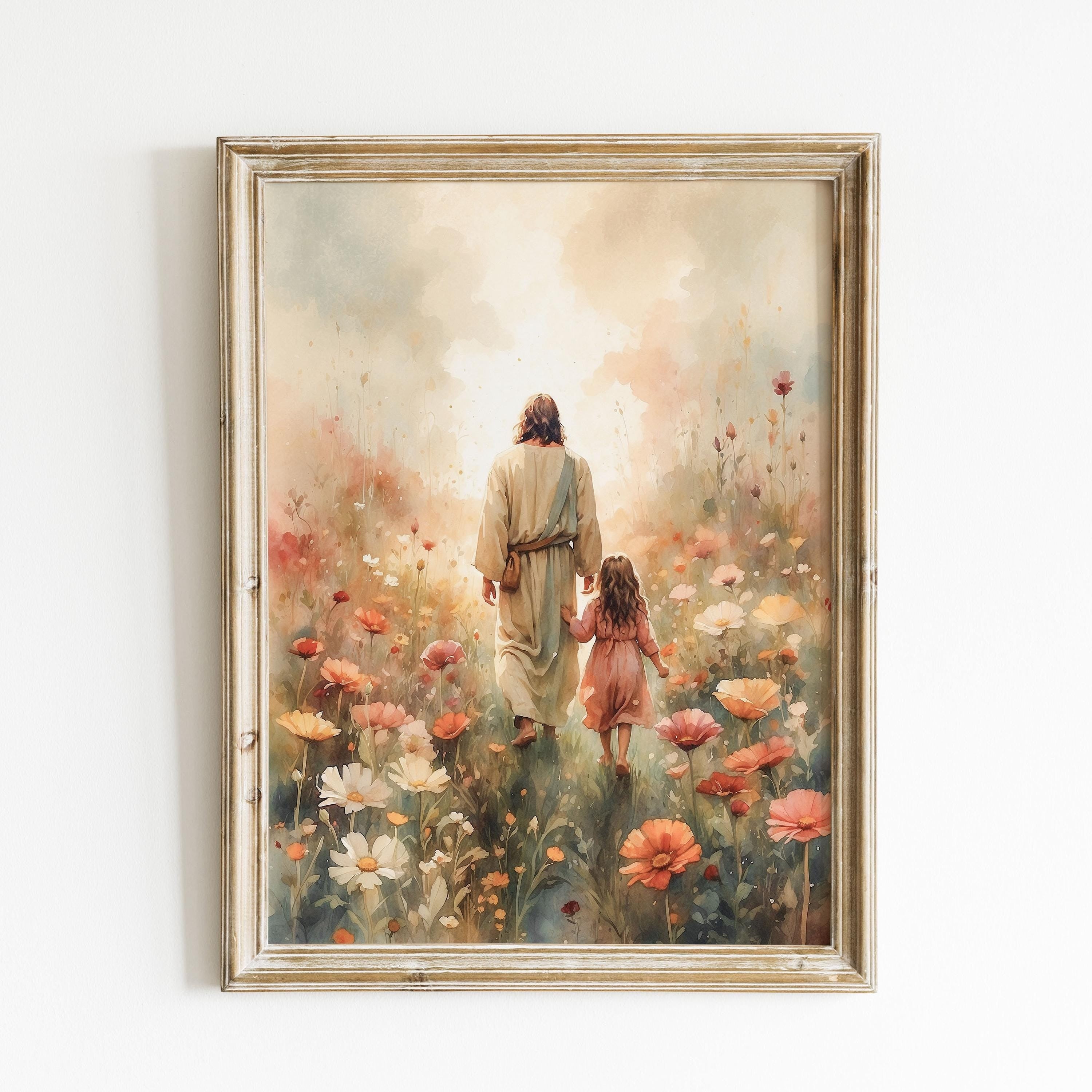 Jesus Walking with Little Girl Poster, Come Follow Me Christian Wall Art, Jesus Flower Field Watercolor Painting, Religious Home Decor, Christian Gift