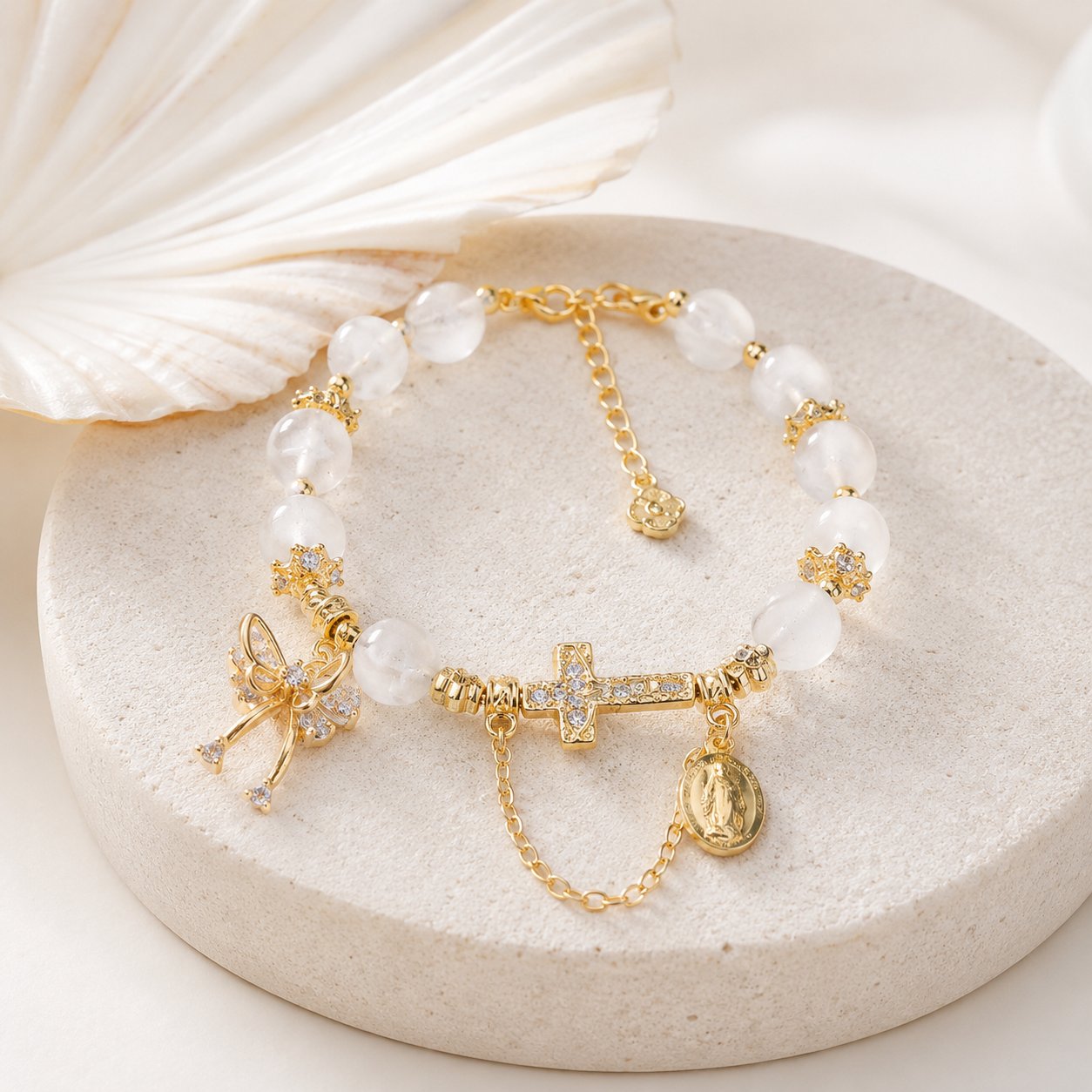 Elegant Catholic Rosary Bracelet with Cross, Rosary Bracelet, Miraculous Medal and Crystal Beads, Faith Jewelry Gift for Women VTBR06