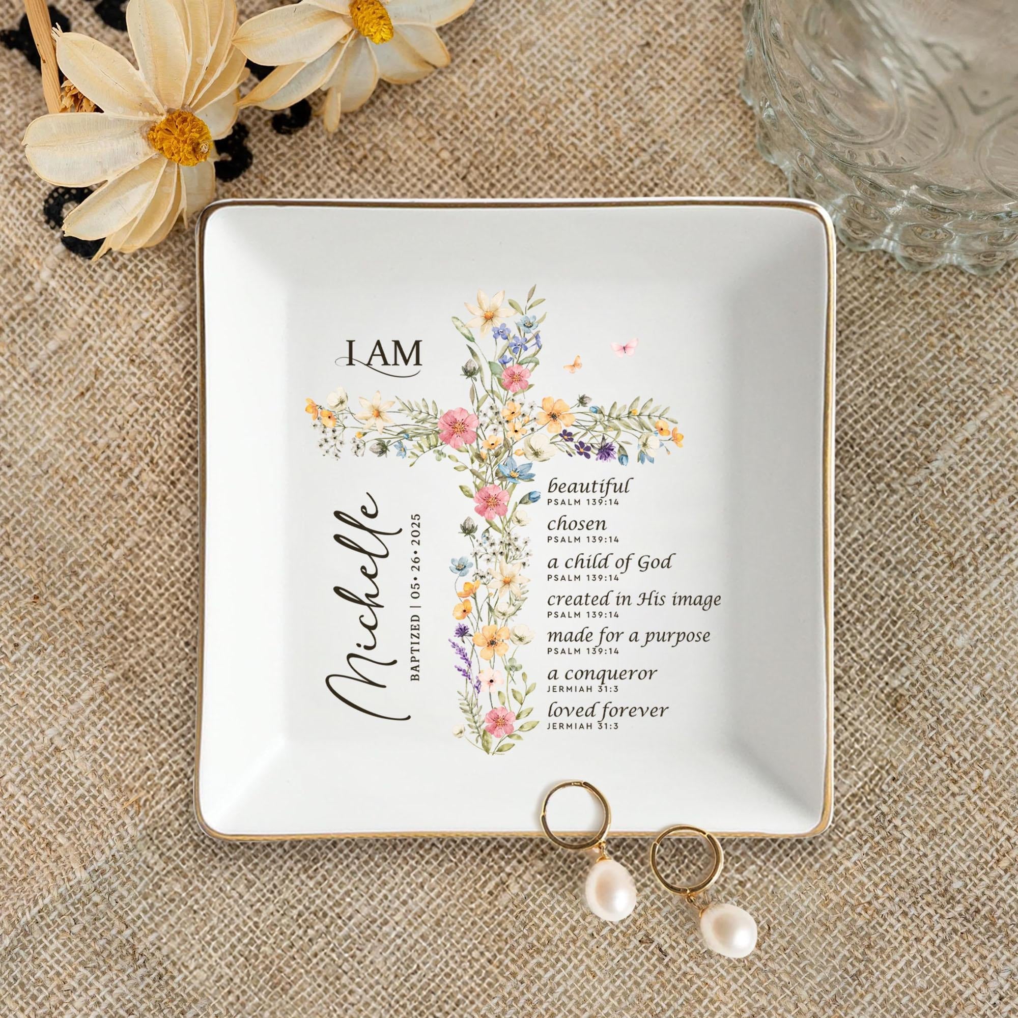 Personalized Christian Jewelry Dish, Baptism Gift Ring Dish, Bible Verse Tray With Floral Cross, Confirmation Gift, Religious Faith Home Decor JDLAF08