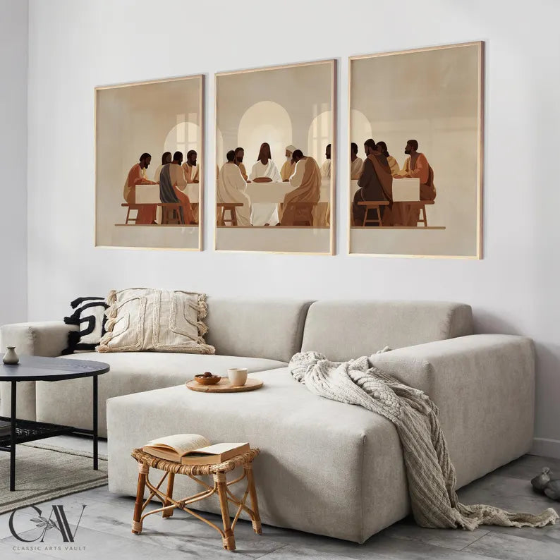 Set of 3 Piece Jesus The Last Supper Art Print Poster Minimalist Modern Christian Farmhouse Neutral Painting Large Wall Art PTLAF015
