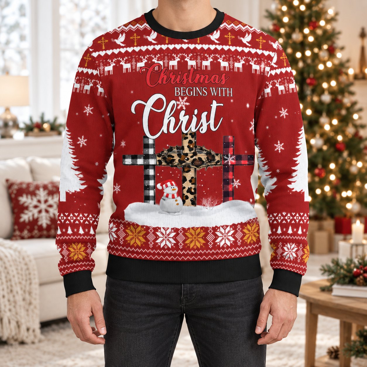 Christmas Begins with Christ Ugly Sweater, Christian Christmas Sweatshirt, Jesus Holiday Pullover, Religious Faith Gift, Holiday Family Shirt XMASUS07