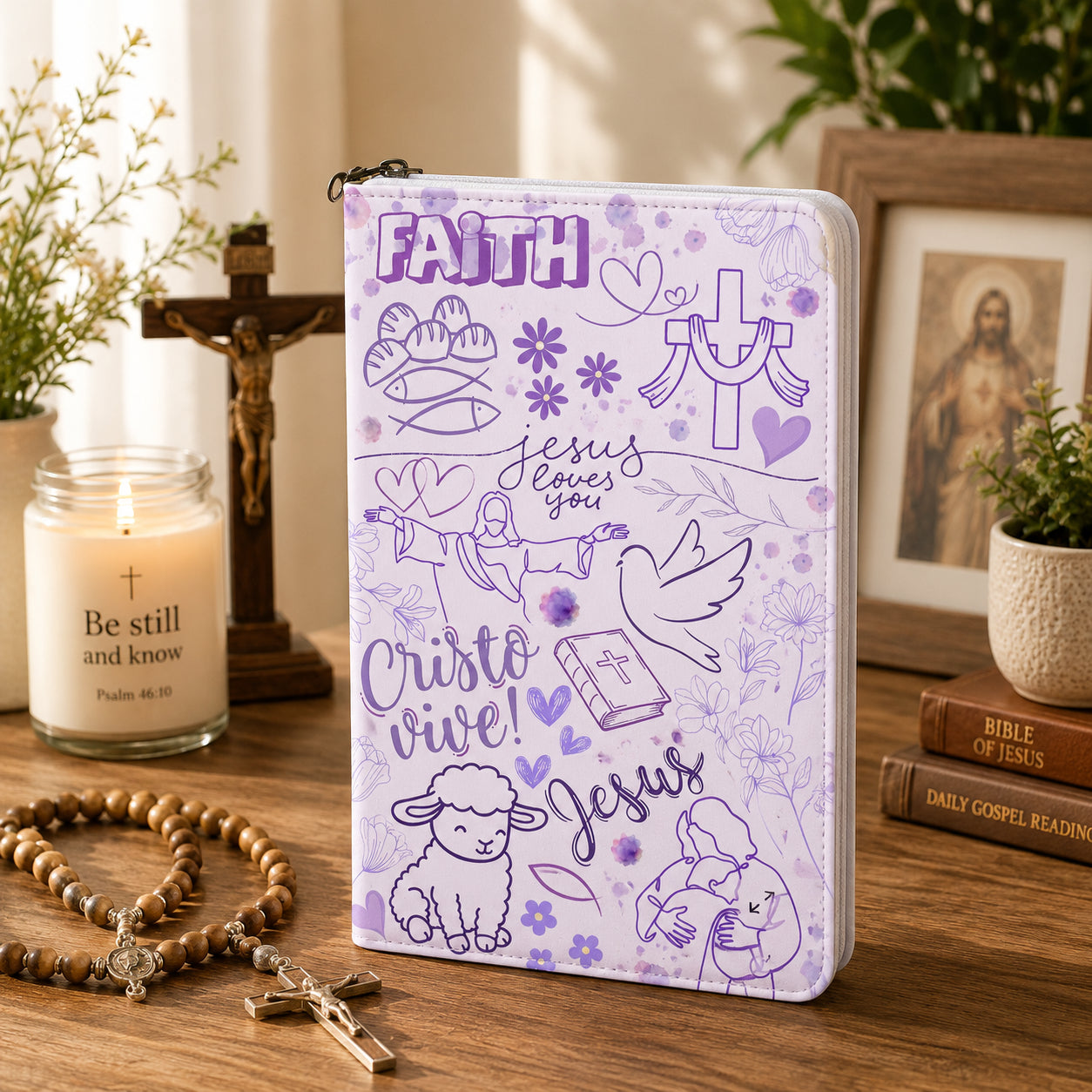 Personalized Purple Christian Doodle Leather Book Cover, Jesus Aesthetic Bible Cover, Christian Gift, Bible Covers Jesus Gifts BIBLE07
