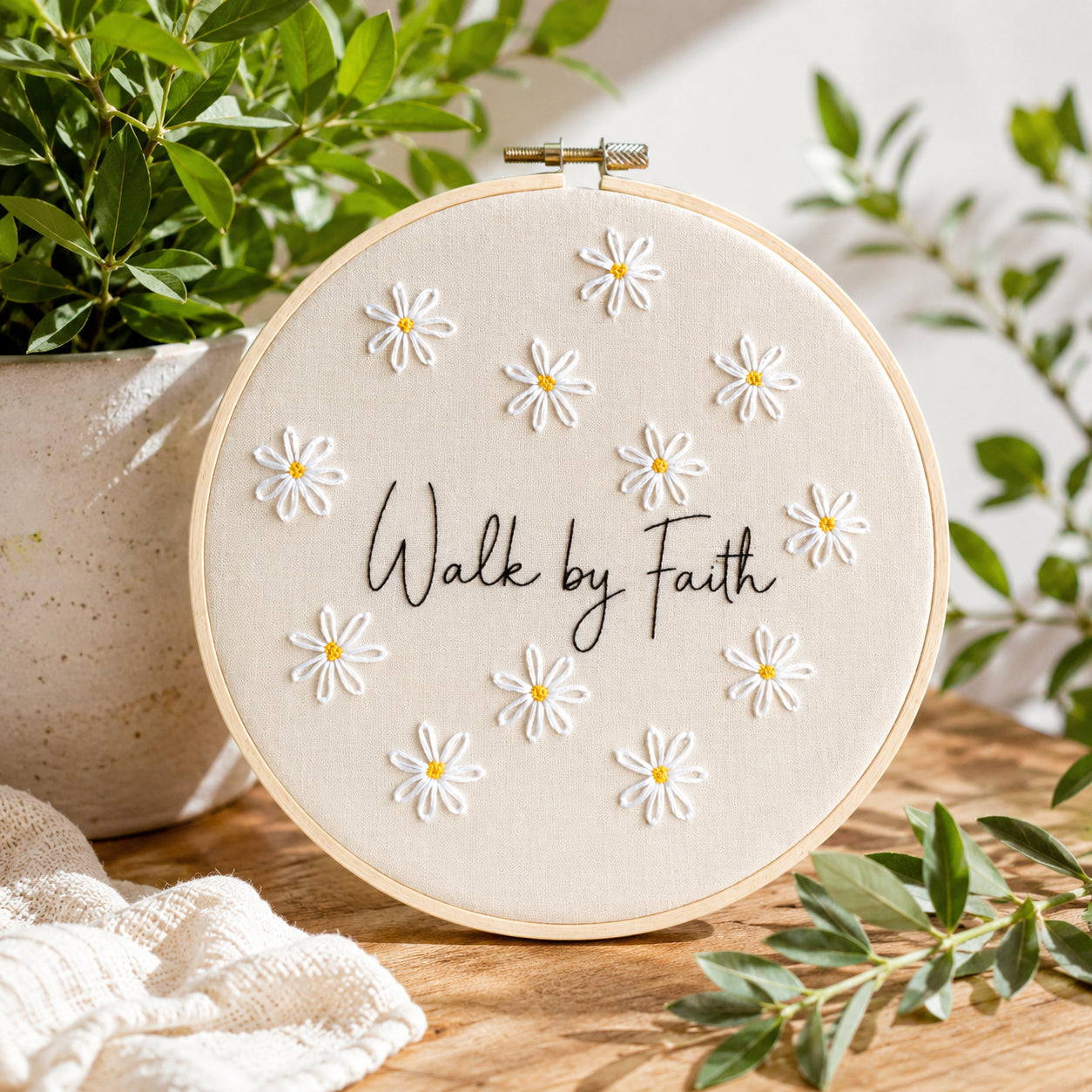 Walk By Faith Embroidered Keepsake Baptism Hoop Art, Embroidered Baby Hoop, Personalized Baby Baptism Name Sign, Daisy Floral Hoop, Faith Hanging Decor Gift EHA24