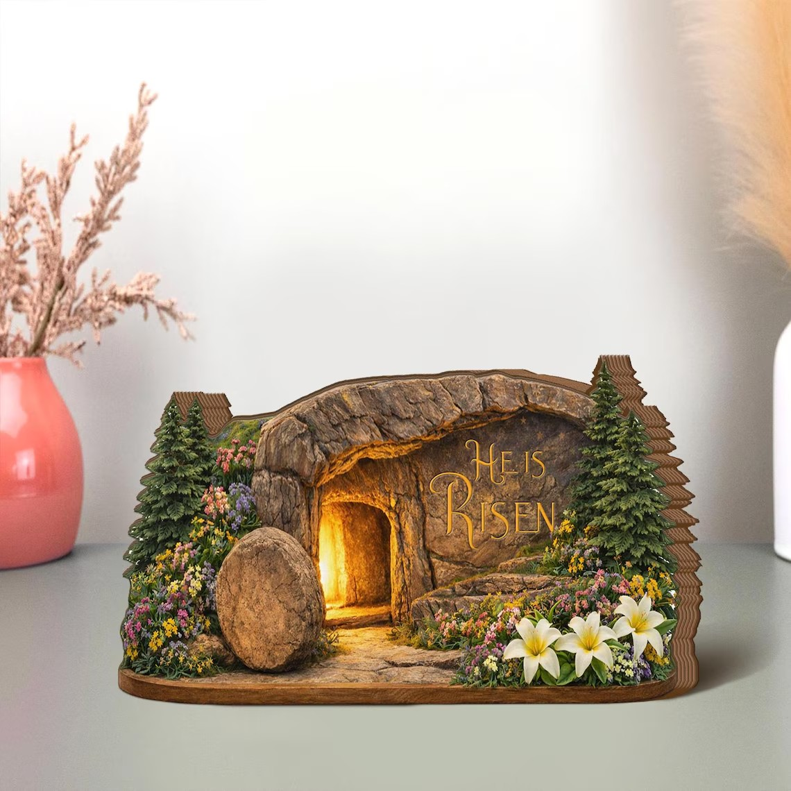 He Is Risen Easter Block Sign, Empty Tomb Scene, Christian Table Decor, Religious Home Display, Pastor Gift