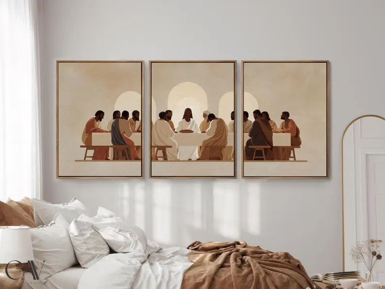 Set of 3 Piece Jesus The Last Supper Art Print Poster Minimalist Modern Christian Farmhouse Neutral Painting Large Wall Art PTLAF015