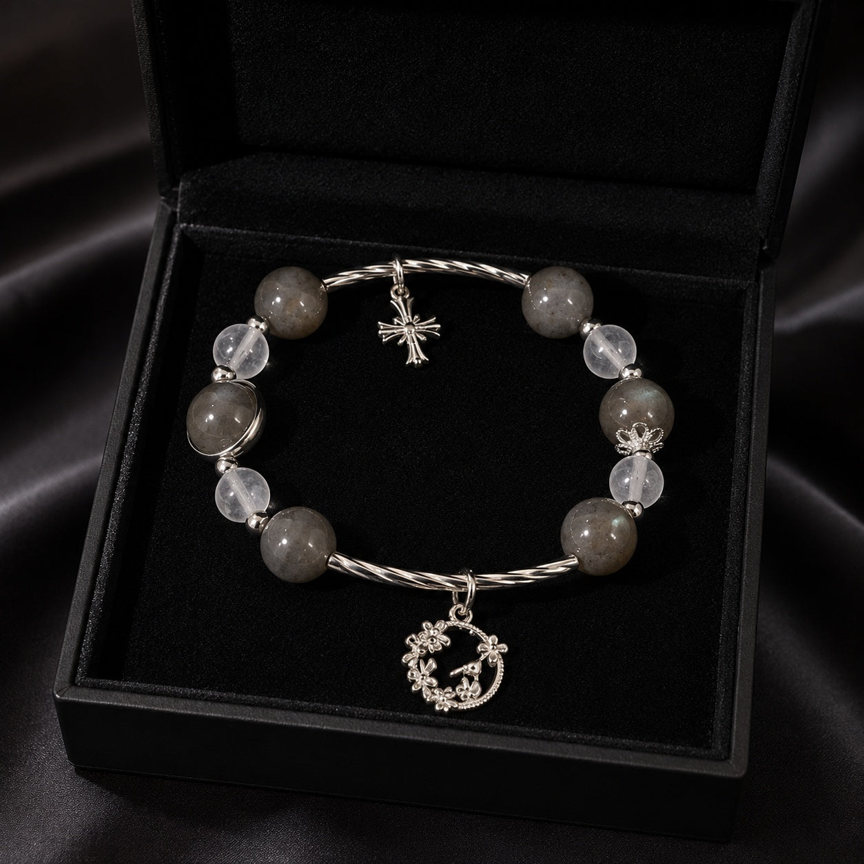 Moon & Labradorite Bracelet With Pendant, Catholic Jewelry, Silver Stone Bracelet For Women, Catholic Bracelet BRLAF10