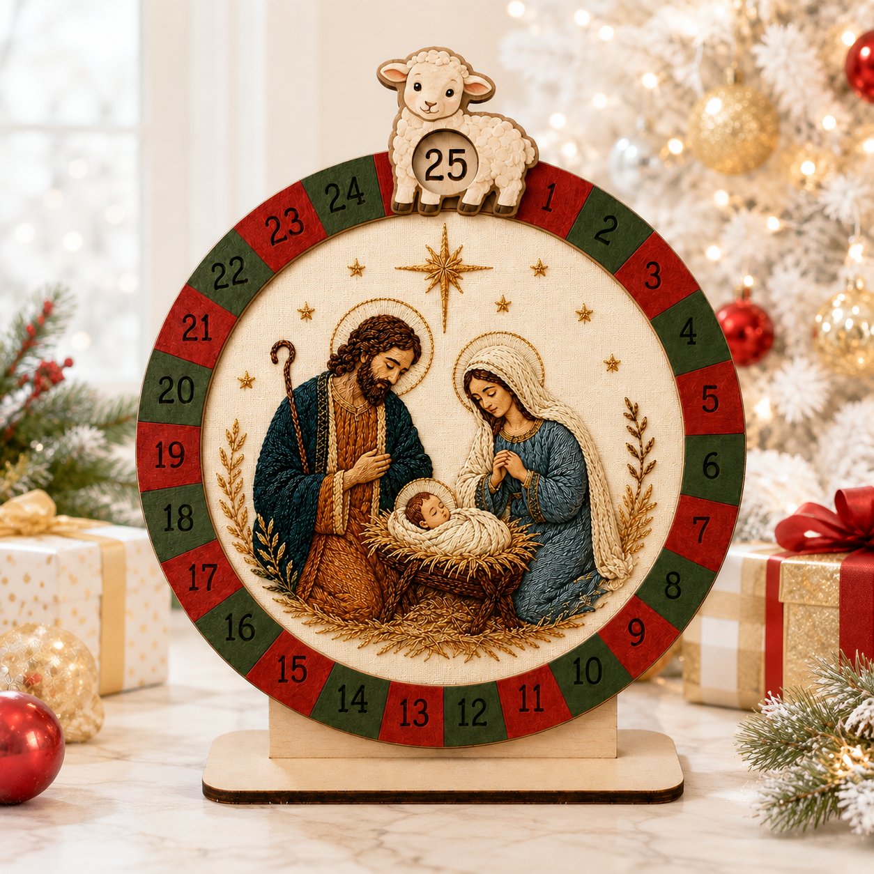 Wooden Nativity Advent Calendar, Holy Family Wooden Sign, Custom Tabletop Religious Gift, Spinning Wheel Christmas Countdown Decor, Religious Christian Christmas Gift XMASW03