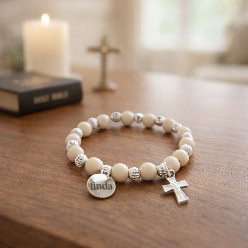 Mulberry Wood Rosary Bracelet for Baby, Silver Cross, Personalized Name Engraving, Saint Name Custom, Date Engraved, Catholic Prayer Bracelet, Handmade Jewelry, Baby Gift BGLAF01