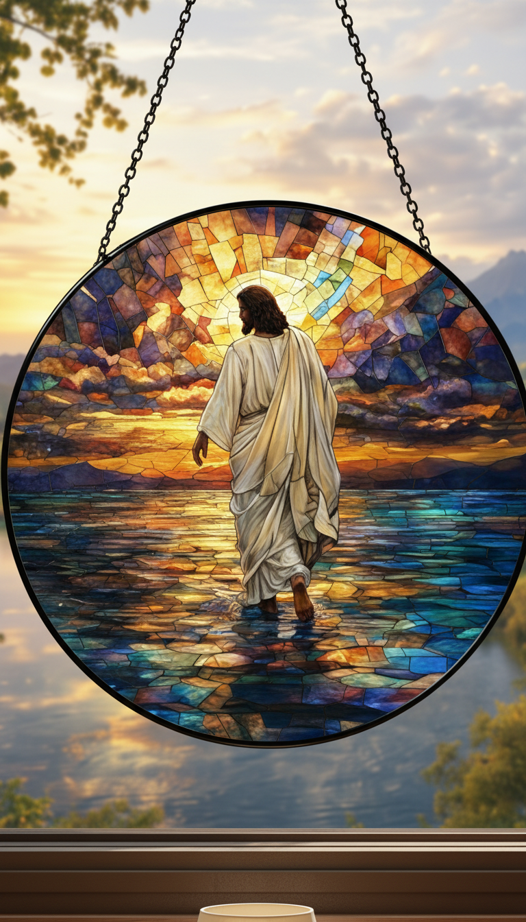 Jesus Walking on Water Stained Glass Suncatcher, Christian Window Hanging, Religious Sun Catcher, Faith Home Decor, Biblical Gift, Easter Decor SCLAF16