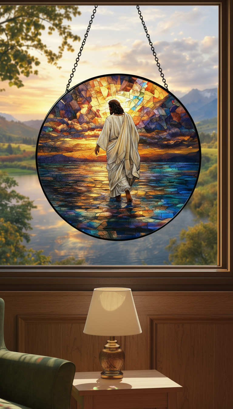 Jesus Walking on Water Stained Glass Suncatcher, Christian Window Hanging, Religious Sun Catcher, Faith Home Decor, Biblical Gift, Easter Decor SCLAF16