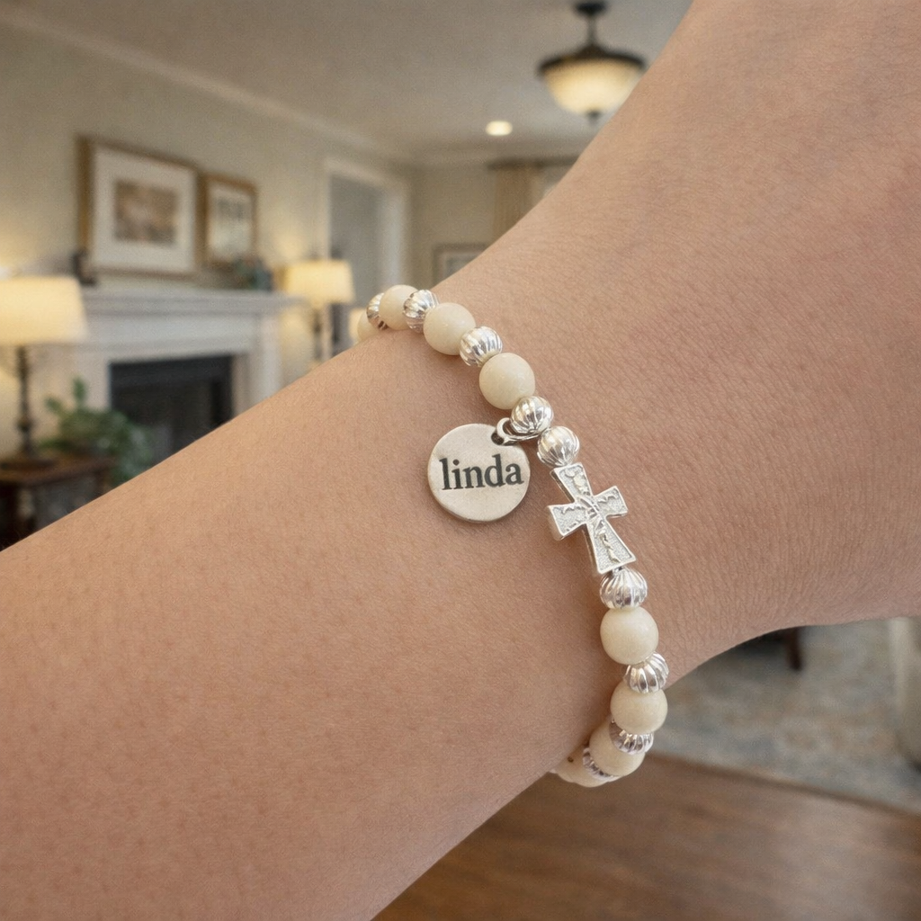Mulberry Wood Rosary Bracelet for Baby, Silver Cross, Personalized Name Engraving, Saint Name Custom, Date Engraved, Catholic Prayer Bracelet, Handmade Jewelry, Baby Gift BGLAF01