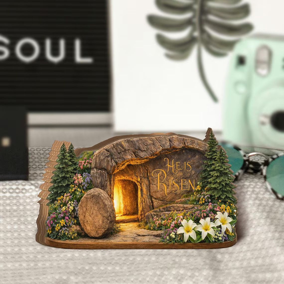 He Is Risen Easter Block Sign, Empty Tomb Scene, Christian Table Decor, Religious Home Display, Pastor Gift