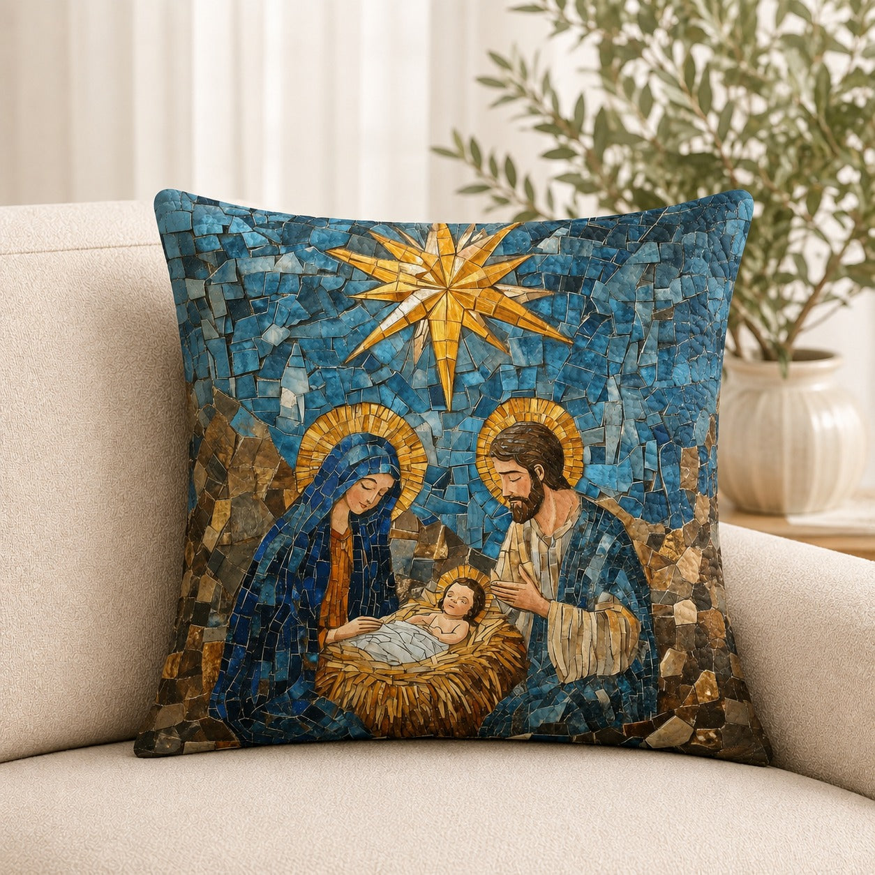 Nativity Mosaic Quilted Pillow Case, Holy Family Christmas Pillow Cover, Christian Religious Decor, Baby Jesus Faith Gift QPILLOW06