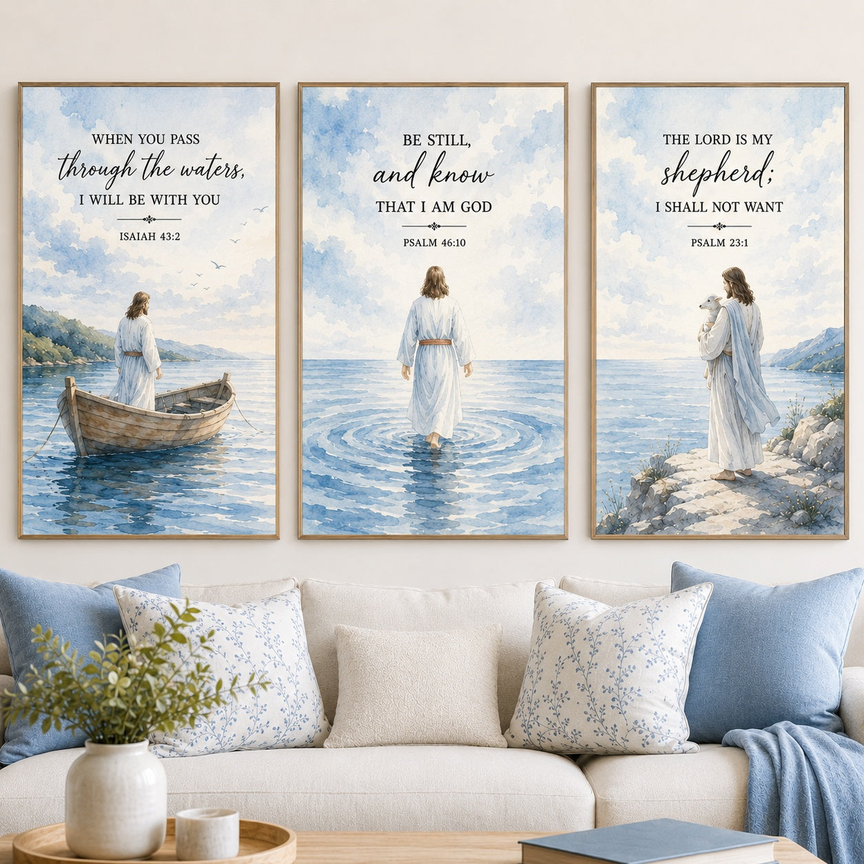 Jesus Bible Verse Wall Art Set of 3, Christian Watercolor Prints, Psalm 23 and Isaiah Scripture Decor, Faith Inspired Home Art PTSETA06
