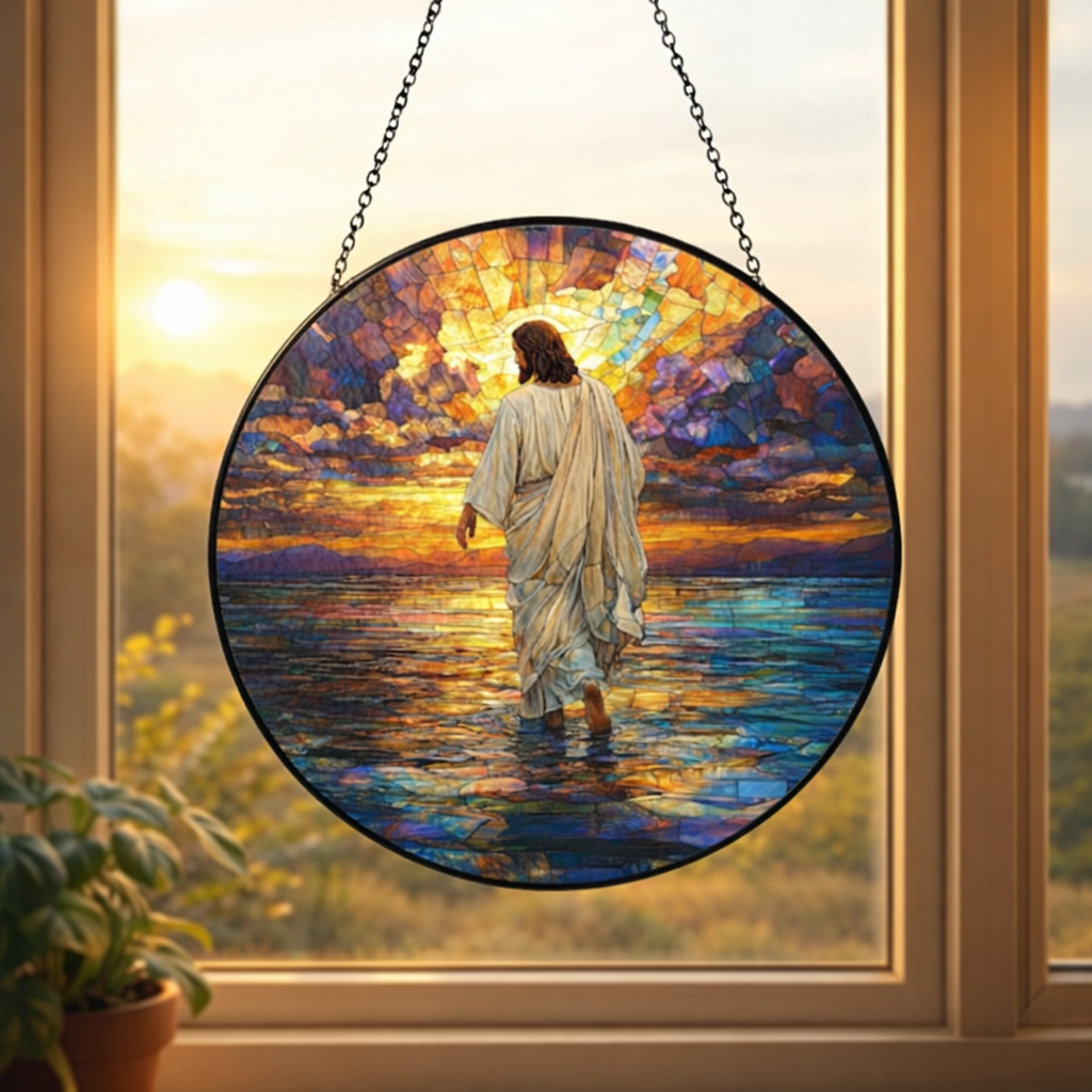Jesus Walking on Water Stained Glass Suncatcher, Christian Window Hanging, Religious Sun Catcher, Faith Home Decor, Biblical Gift, Easter Decor SCLAF16
