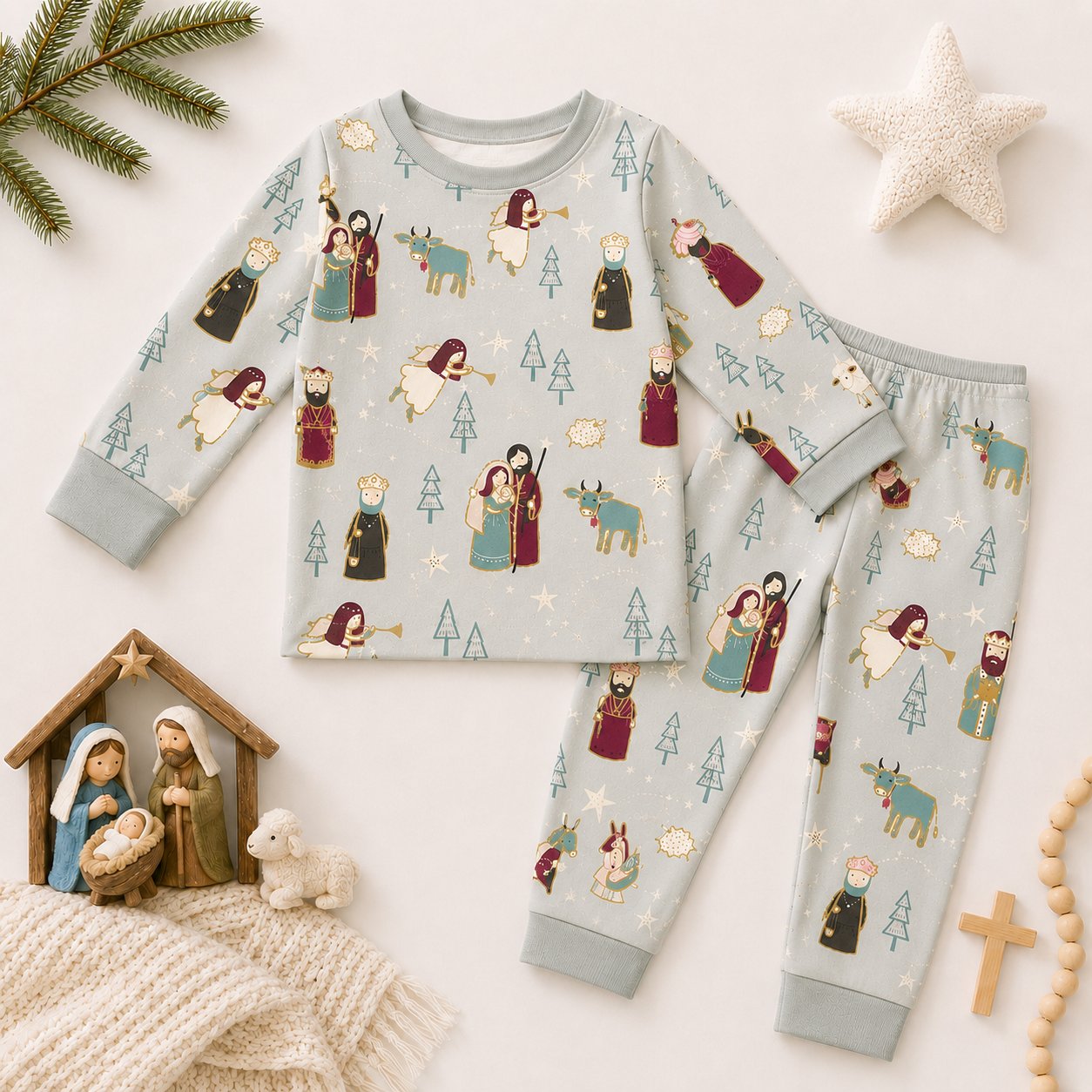 Nativity Bamboo Baby Kids Pajamas Set, Holy Family Christian Christmas PJs, Three Wise Men Toddler Holiday Sleepwear BBPJSS05