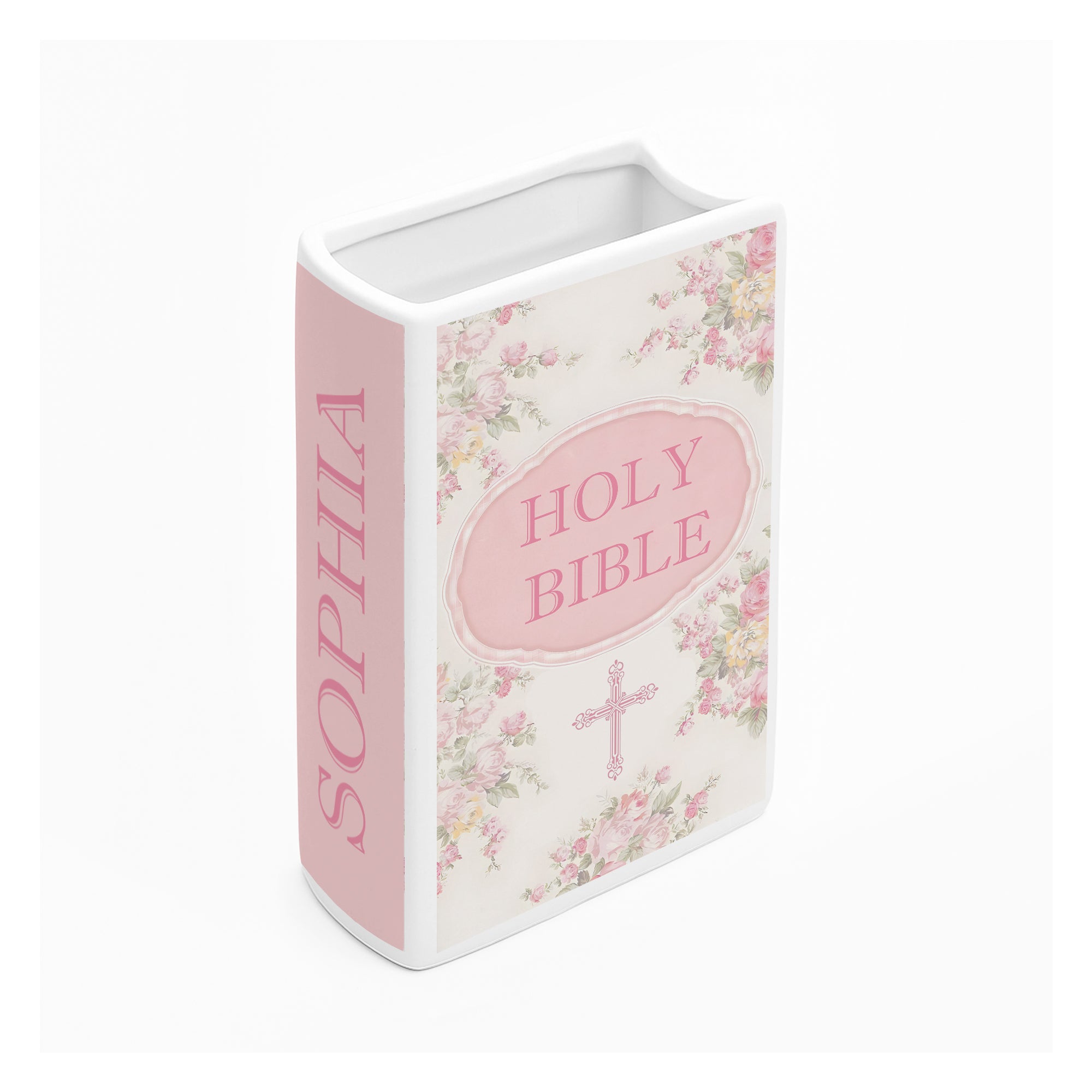 Personalized Christian Ceramic Book Vase, Holy Bible Design with Cross and Flowers, Baptism or Easter Gift CBLAF06
