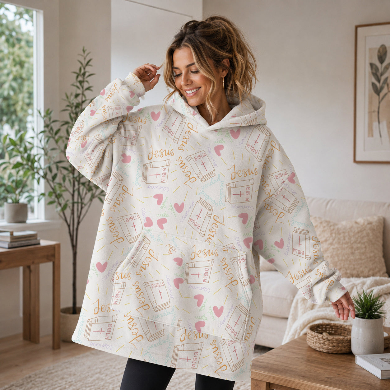 Jesus Bible Pattern Oversized Hoodie Blanket, Custom Christian Hoodie, Oversized Snuggle Hoodie, Fleece Flannel Wearable Blanket Hoodie for Kids & Adults, Family Religious Gift OOH07