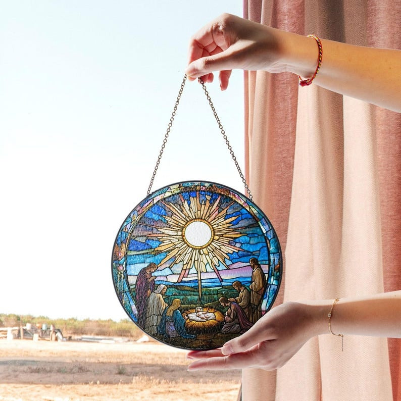 Nativity Stained Glass Suncatcher, Baby Jesus Window Hanging, Holy Family Christmas Decor, Christian Religious Gift, Manger Scene Decor GLASS07