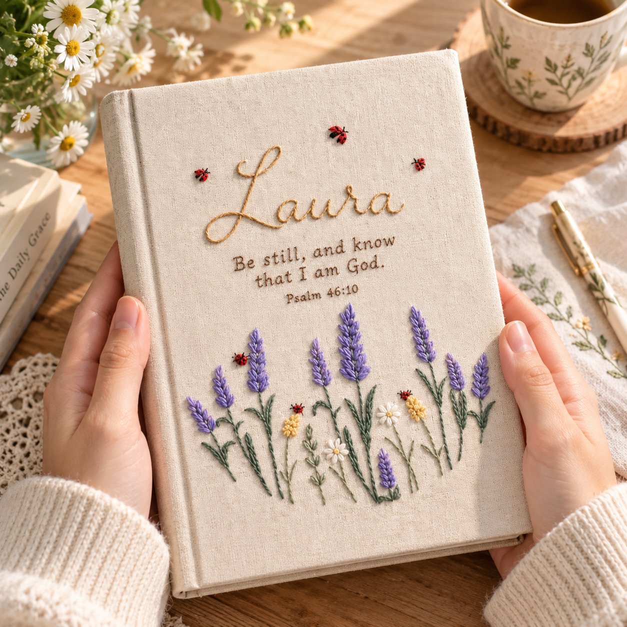 Personalized Bible Hand-Embroidery Journal, Lavender Floral Linen Notebook, Custom Christian Journal, Embroidery Faith Gift NB10