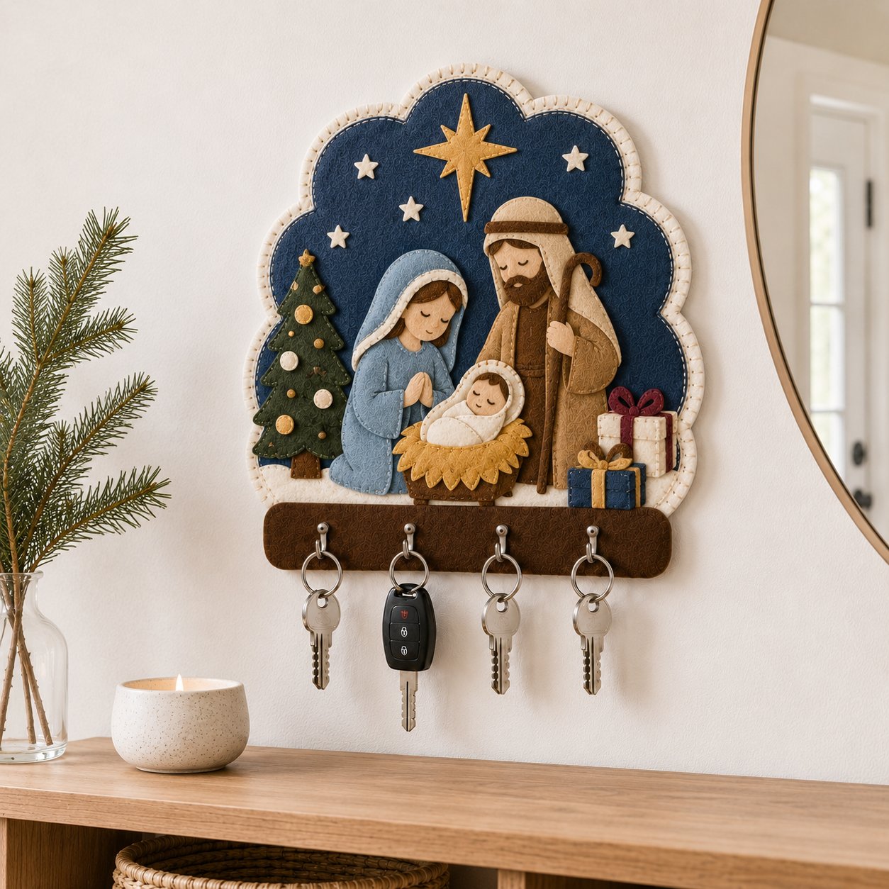 Nativity Scene Wall Felt Key Holder, Holy Family Christmas Wall Key Rack, Handmade Catholic Home Decor, Religious Housewarming Gift, Felt Custom FELTHD06