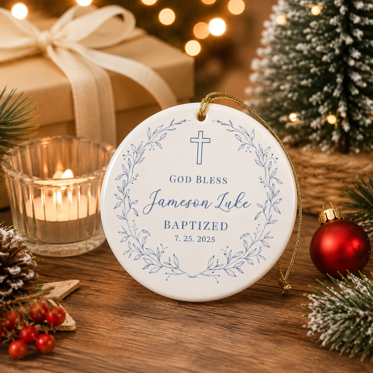 Personalized God Bless Baptism Ceramic Ornament, Custom Name and Date Christian Keepsake, Eucalyptus Cross Christening Gift for Baby, Baby Ornament Gift CRMO07