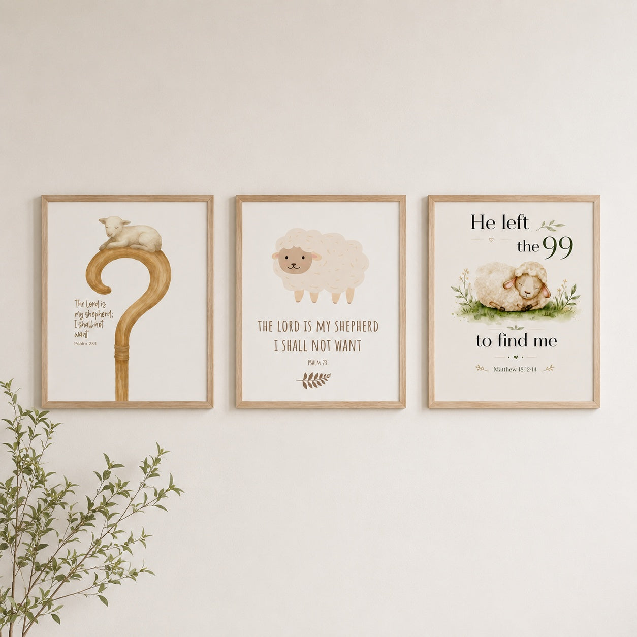 Set of 3 Christian Shepherd Poster, Nursery Wall Art, Psalm 23 Shepherd and Sheep Posters, He Left the 99 Bible Verse Prints, Faith-Based Kids Room Decor PTSET06