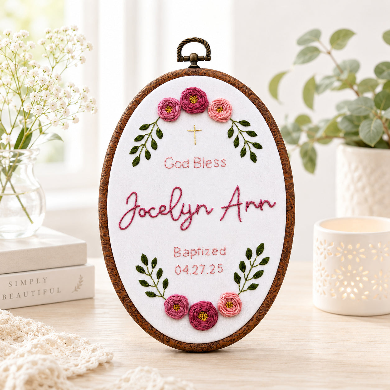 Personalized Hand Embroidered Flower With Baptism Hoop Art, Custom Baby Name and Baptism, Floral Christian Keepsake, Nursery Gift EHA35