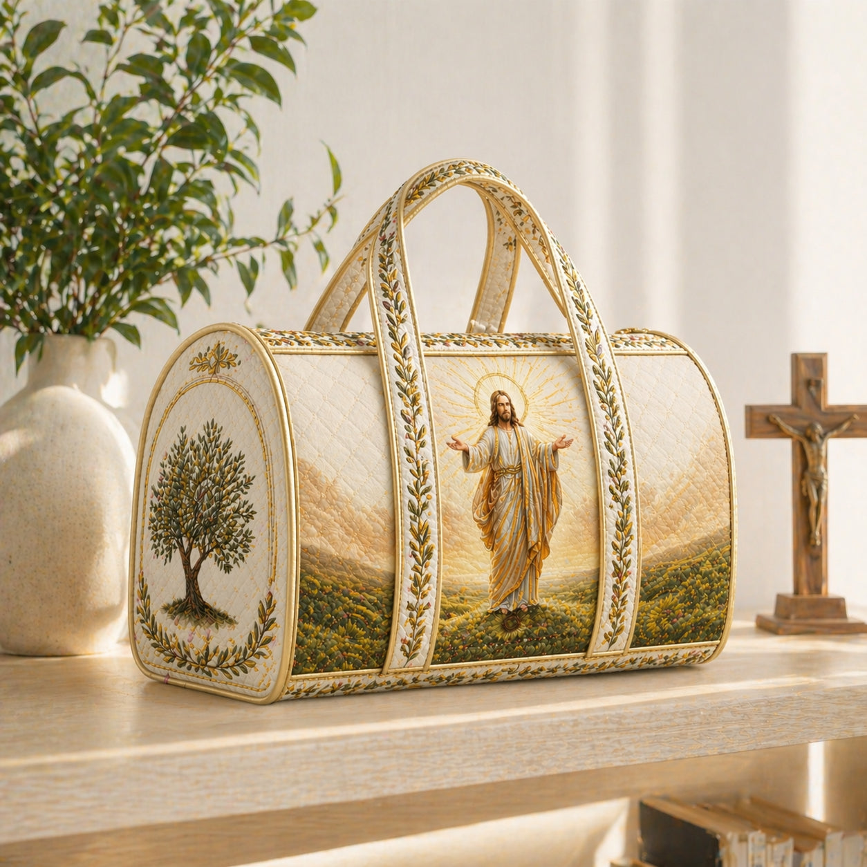 Christian Jesus Quilted Duffle Bag, Faith Travel Weekender Bag, Olive Tree Religious Overnight Bag, Bible Inspired Gift Bag QDB07